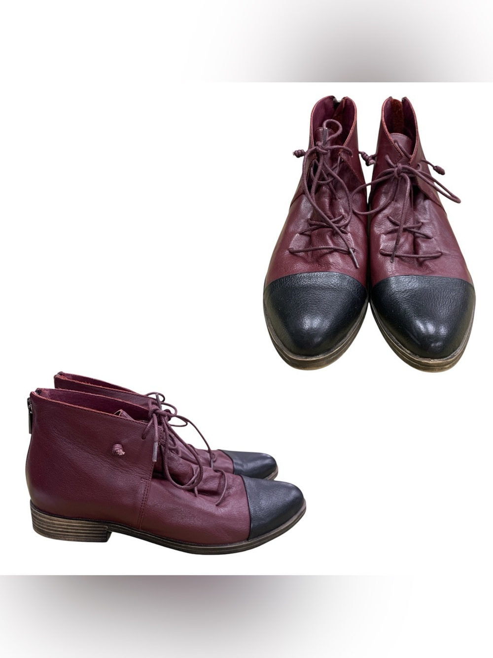 Django & Juliette Lace-Up Burgundy Ankle Boots with Black Cap Toe S8.5